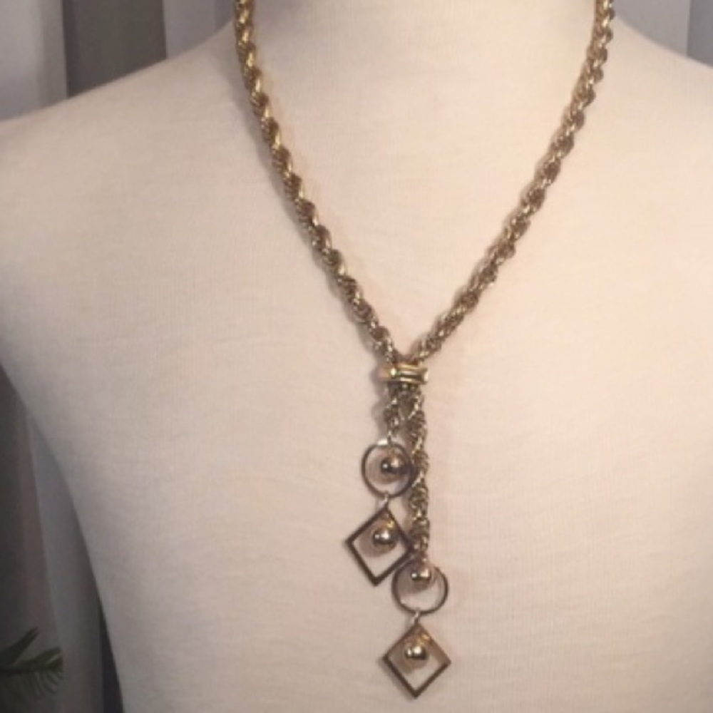 Vintage Sliding Lariat Chain Necklace Geometric Dangles Classic Retro Glam